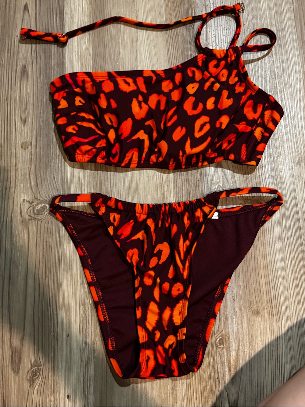 Shade & Shore Red and Orange Leopard One-Shoulder Bikini Set